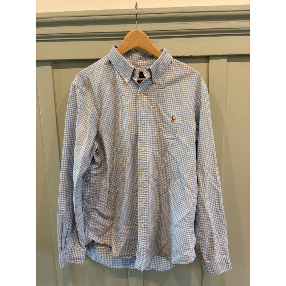 Ralph Lauren Mens XL Light Blue White Gingham Cotton Button Down Shirt Preppy